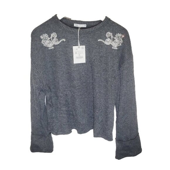 Zara Womens Sweater Med Ribbed Gray Embroidered Sequined NWT - Picture 1 of 9